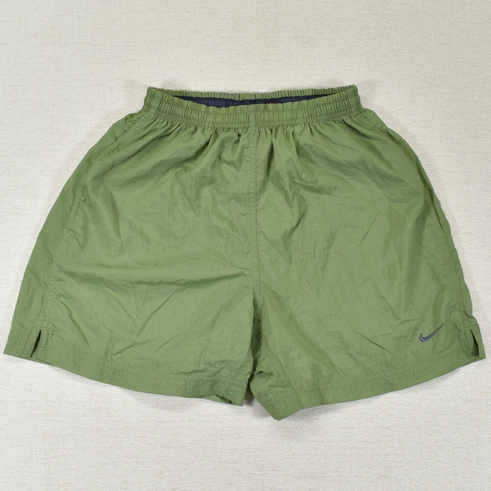 Nike Boys M 8-10 Green Athletic Nylon Shorts Windbreaker Unlined Swoosh Y2K